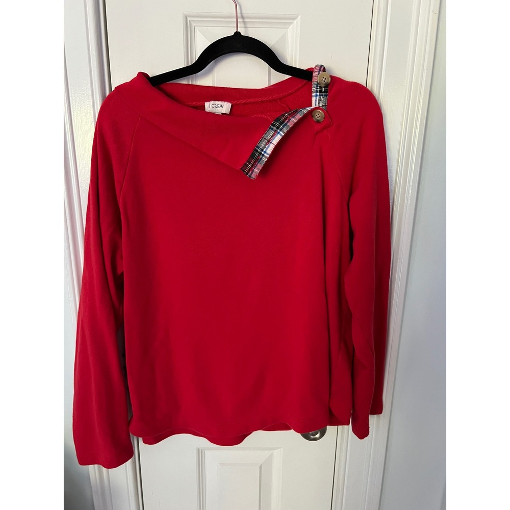 J.Crew Red Asymmetrical Button Plaid Collar Sweatshirt Womens Large Fleece Top